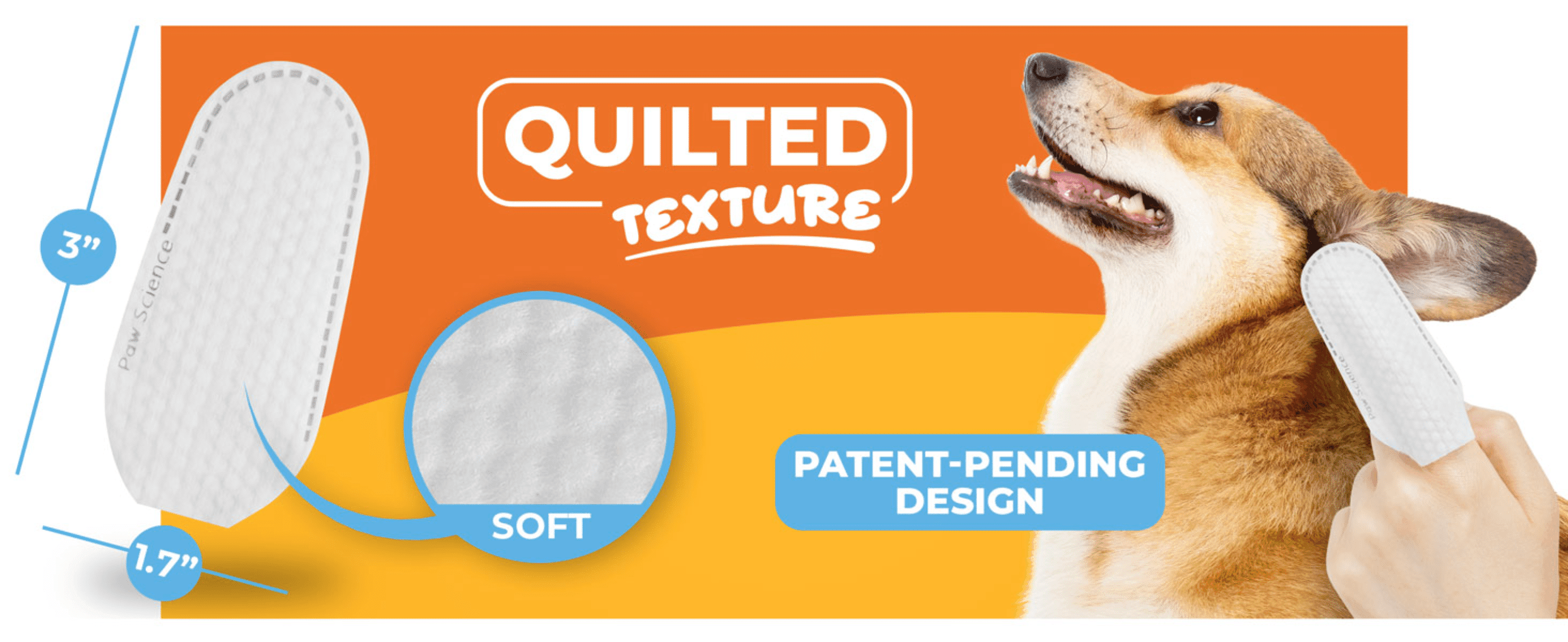 Shows the exact wipe dimensions (3" x 1.7") so shoppers know what size product to expect. Zooms in on the quilted, soft texture to demonstrate the wipe's gentle material quality.