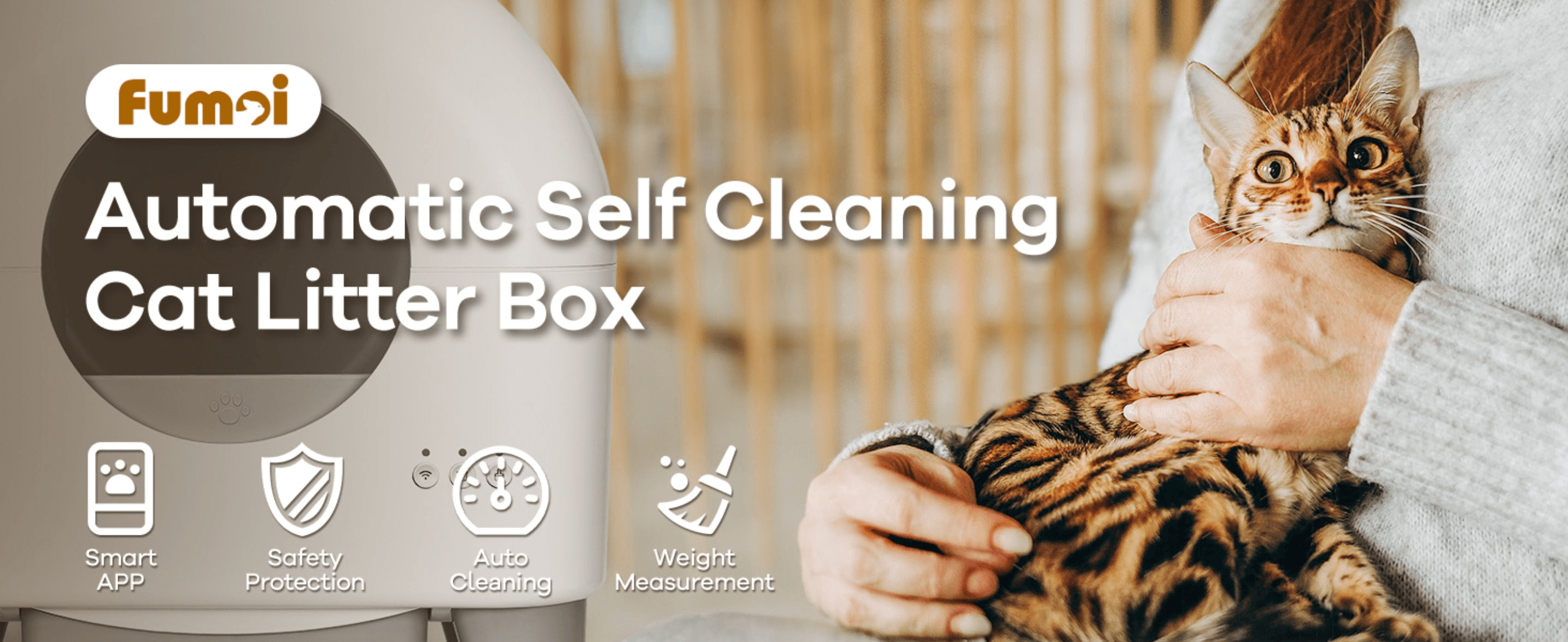 Introduces the product with four icon-led callouts (app control, safety, auto-cleaning, weight tracking) to summarize its key benefits at a glance.