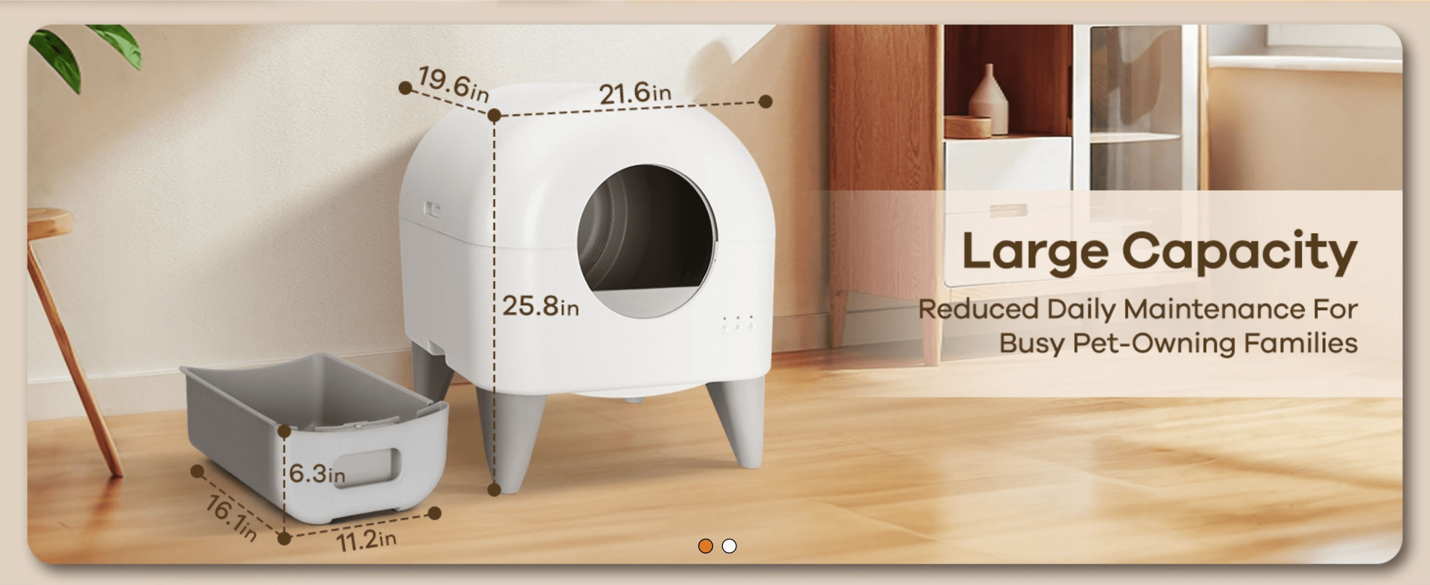 Gives exact height, width, and drawer dimensions so shoppers can confirm the litter box will fit their space. Emphasizes that the large capacity reduces daily maintenance for busy pet-owning families.
