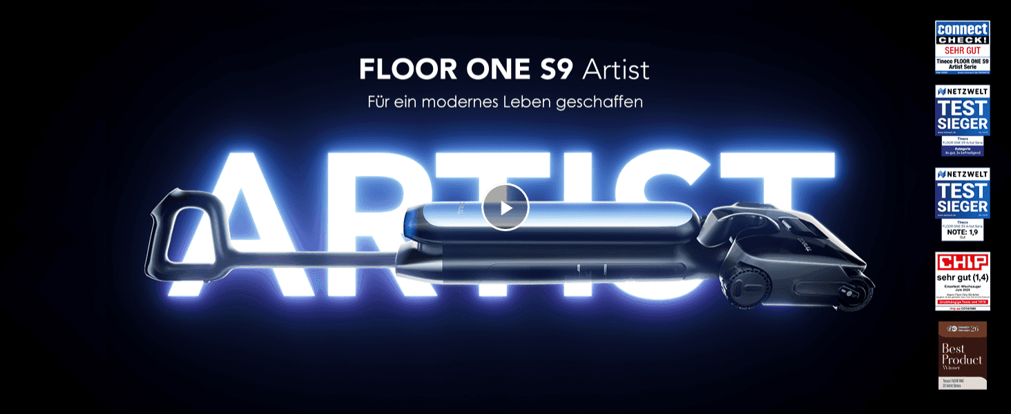 Introduces the Floor One S9 Artist with a bold hero visual and tagline to establish premium brand positioning. Builds credibility by showing third-party test seals and awards from recognized German…