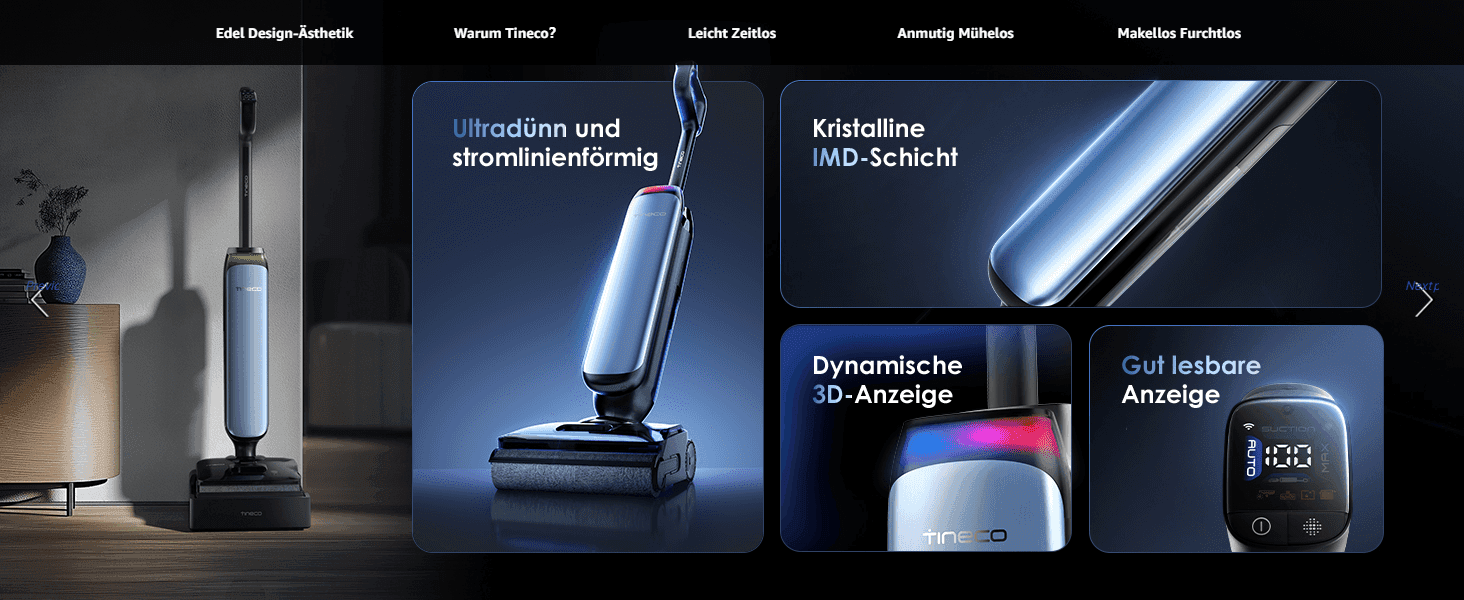 Showcases four distinct design and display benefits side by side to reinforce the product's premium engineering.