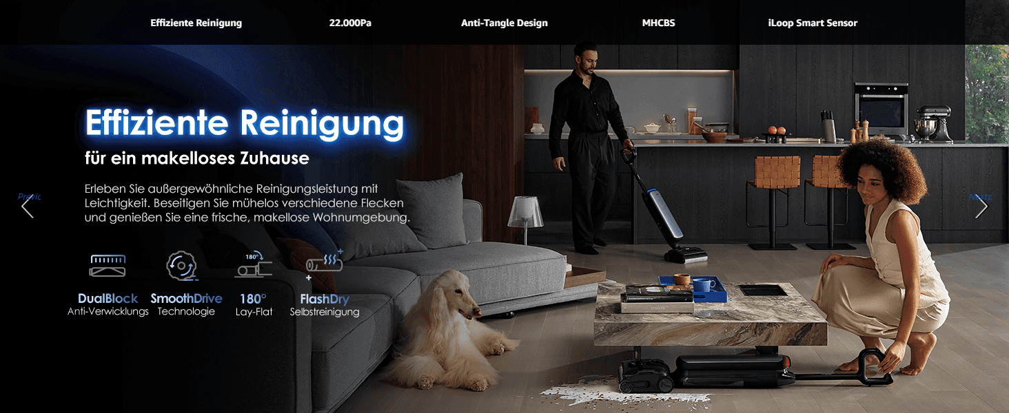 Reassures shoppers the vacuum delivers effortless, thorough cleaning at home via a lifestyle scene and headline claim.