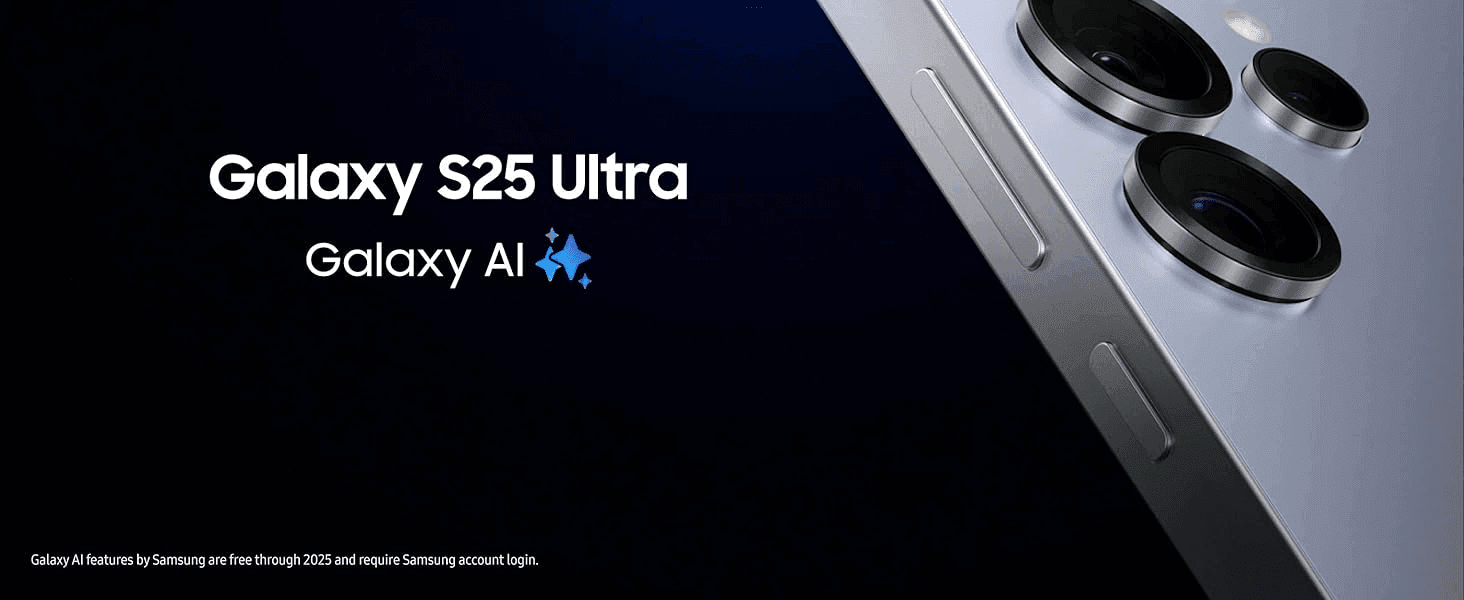 Establishes the Galaxy S25 Ultra identity and its Galaxy AI branding alongside a detailed camera shot to signal premium design.