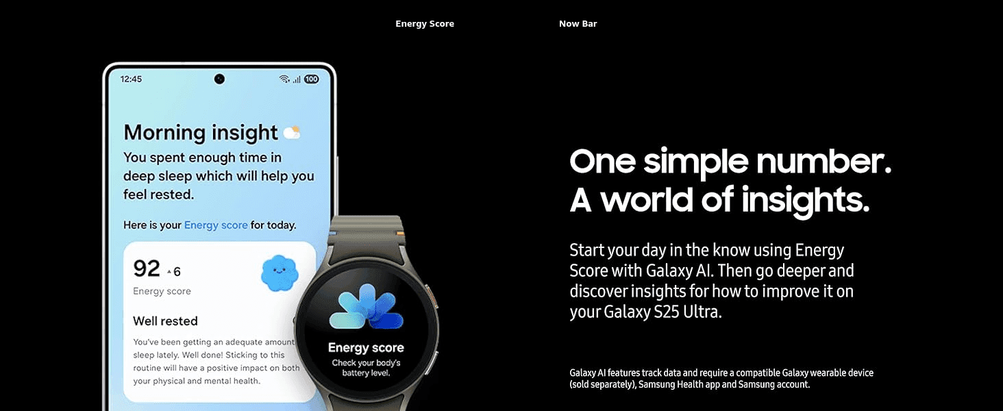 Shows a single Energy Score number that turns sleep and health tracking into one simple, easy-to-understand insight. Highlights how the Galaxy AI Energy Score feature gives shoppers a quick daily…