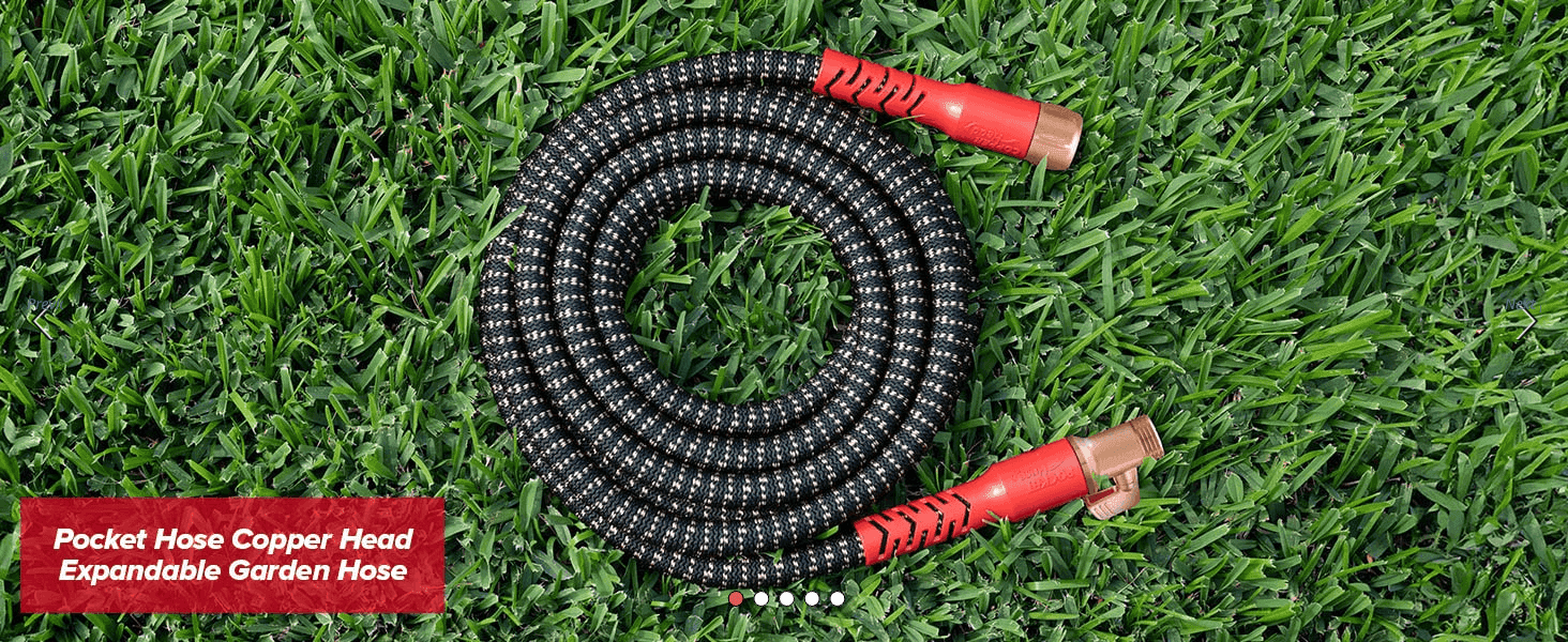 Introduces the product name and coiled hose in a lifestyle setting to establish what the product is.