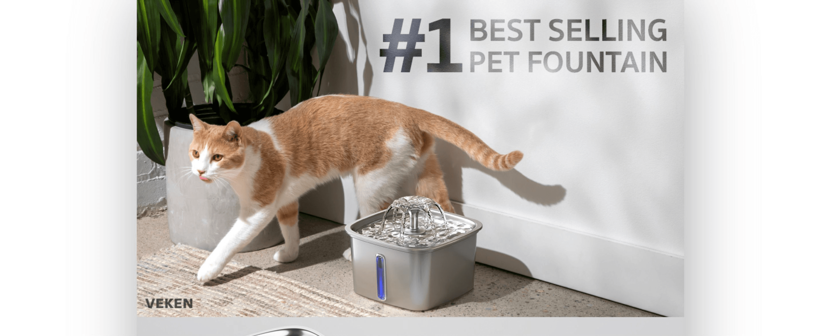 Establishes trust and credibility by positioning the product as the top-selling pet fountain, backed by a lifestyle hero shot.