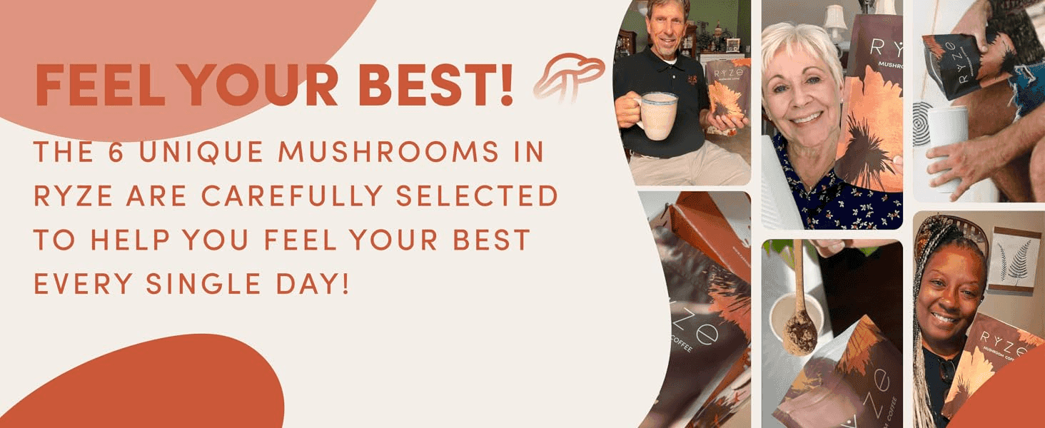 Uses authentic, unpolished photos of real customers enjoying the product to build trust and show broad everyday appeal. Reinforces one core promise, that the mushroom blend helps customers feel…