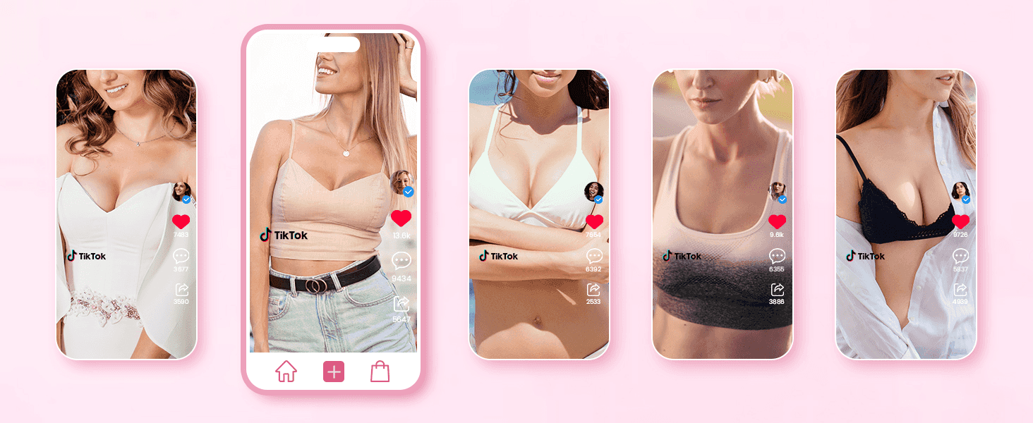 Uses a row of TikTok-style video thumbnails with engagement counts to show the product trending on social media and build trust through social proof.