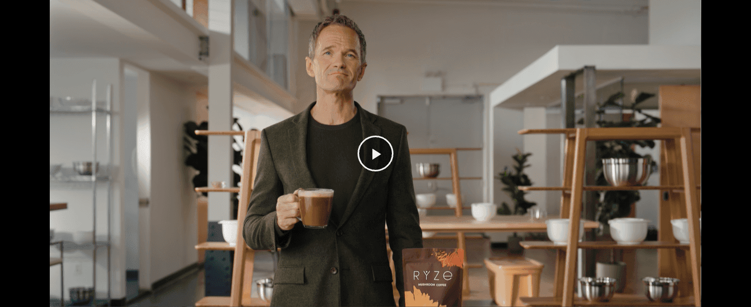 Shows a real person enjoying the mushroom coffee in a lifestyle setting to build an emotional, relatable connection with the brand.