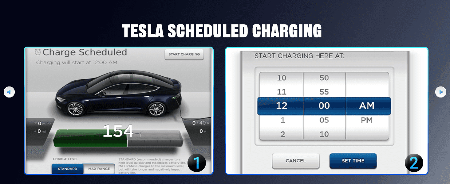 Walks the shopper through the two-step process of scheduling Tesla charging times via the app to show ease of use.