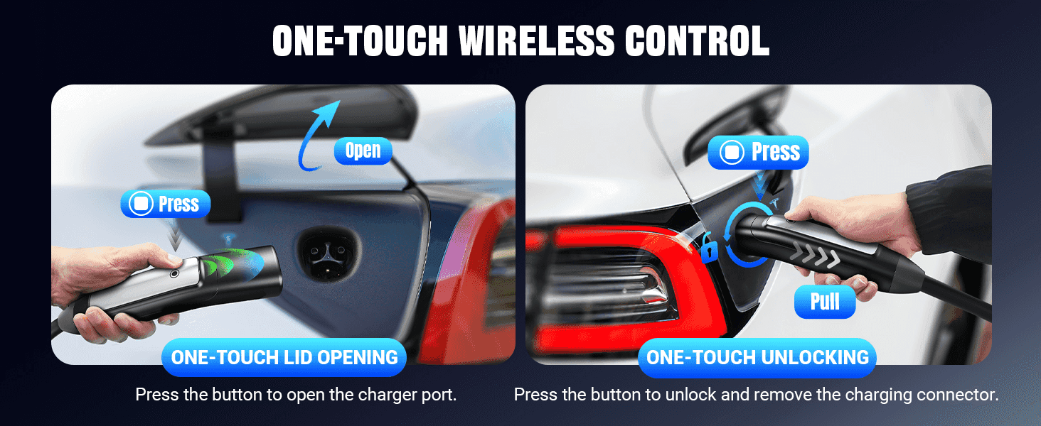 Demonstrates how to use the one-touch wireless control to open the charging port and unlock the connector. Highlights two distinct convenience features of the wireless remote in a segmented…