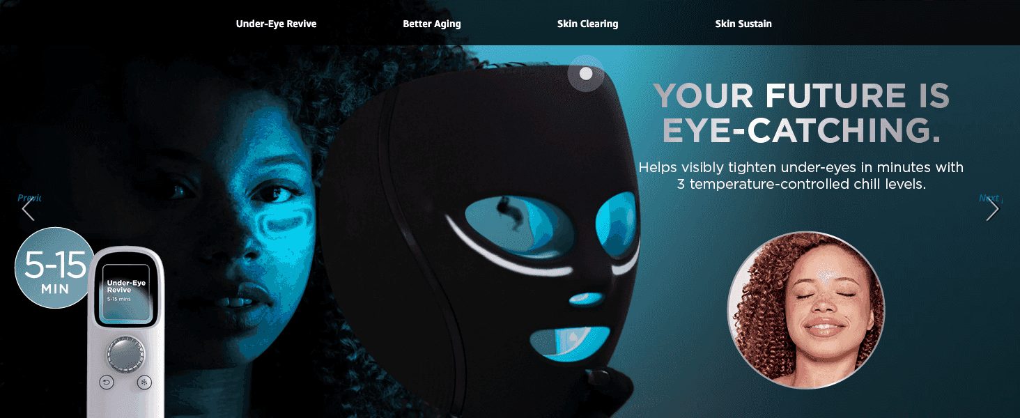 Explains that the device visibly tightens under-eyes in minutes using temperature-controlled chill levels.