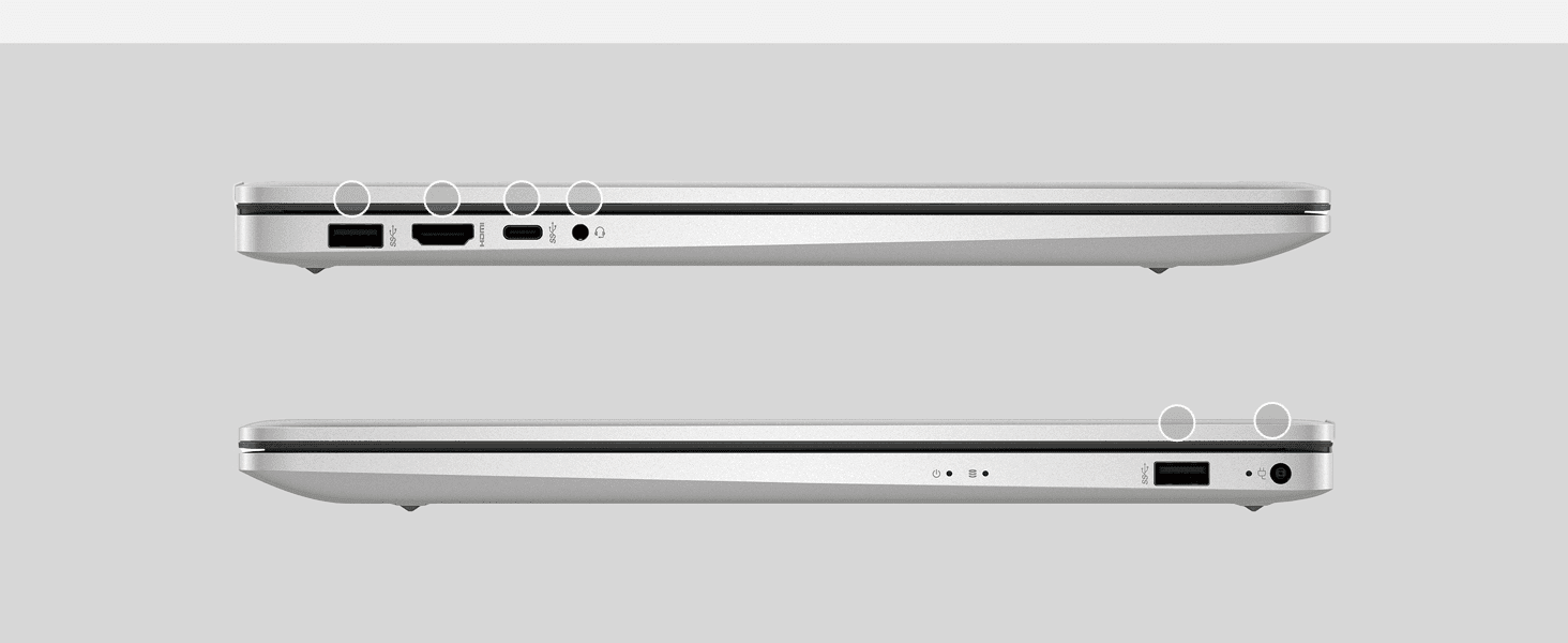 Shows shoppers the location of all ports and connectors on both sides of the laptop for compatibility planning.