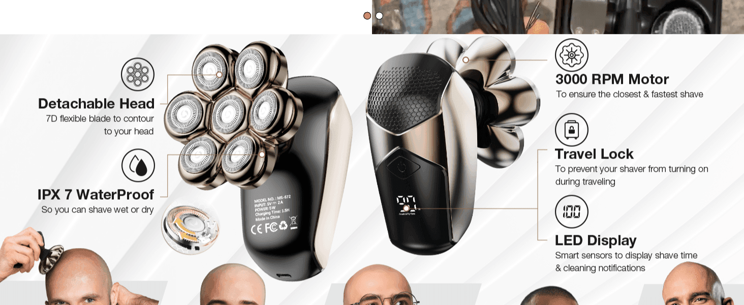 Highlights five distinct product features side by side to show the shaver's overall capability.