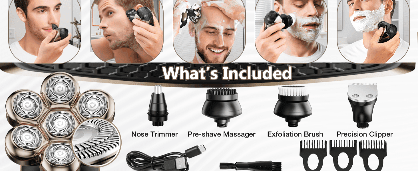 Clearly lists every accessory in the box to set expectations before purchase. Shows each included attachment being used in a real grooming scenario.