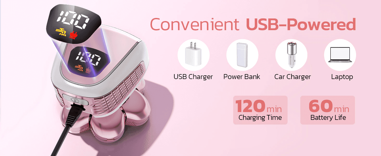 Reassures shoppers with fast 120-minute charging and long 60-minute battery life stats. Shows the device can be charged from any common USB power source for everyday convenience.