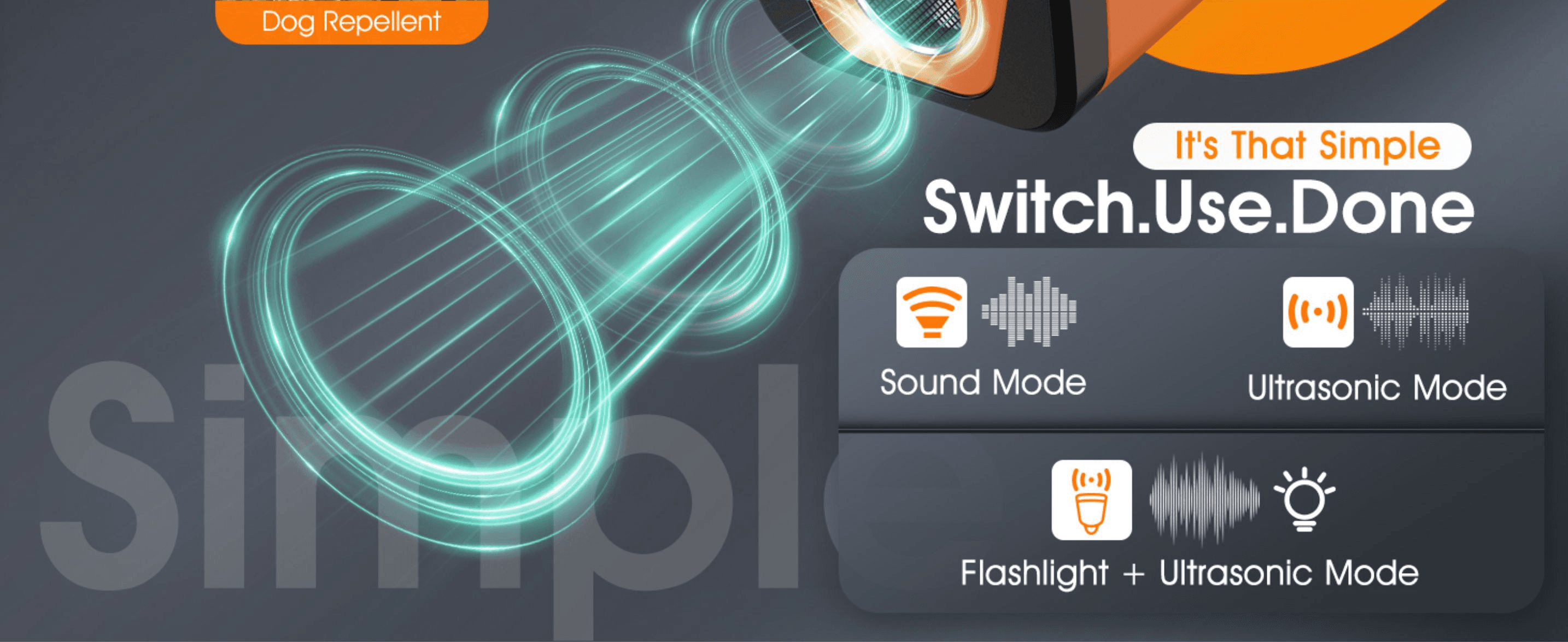 Shows the three simple operation modes (Sound, Ultrasonic, Flashlight+Ultrasonic) to reassure shoppers the device is easy to switch and use.