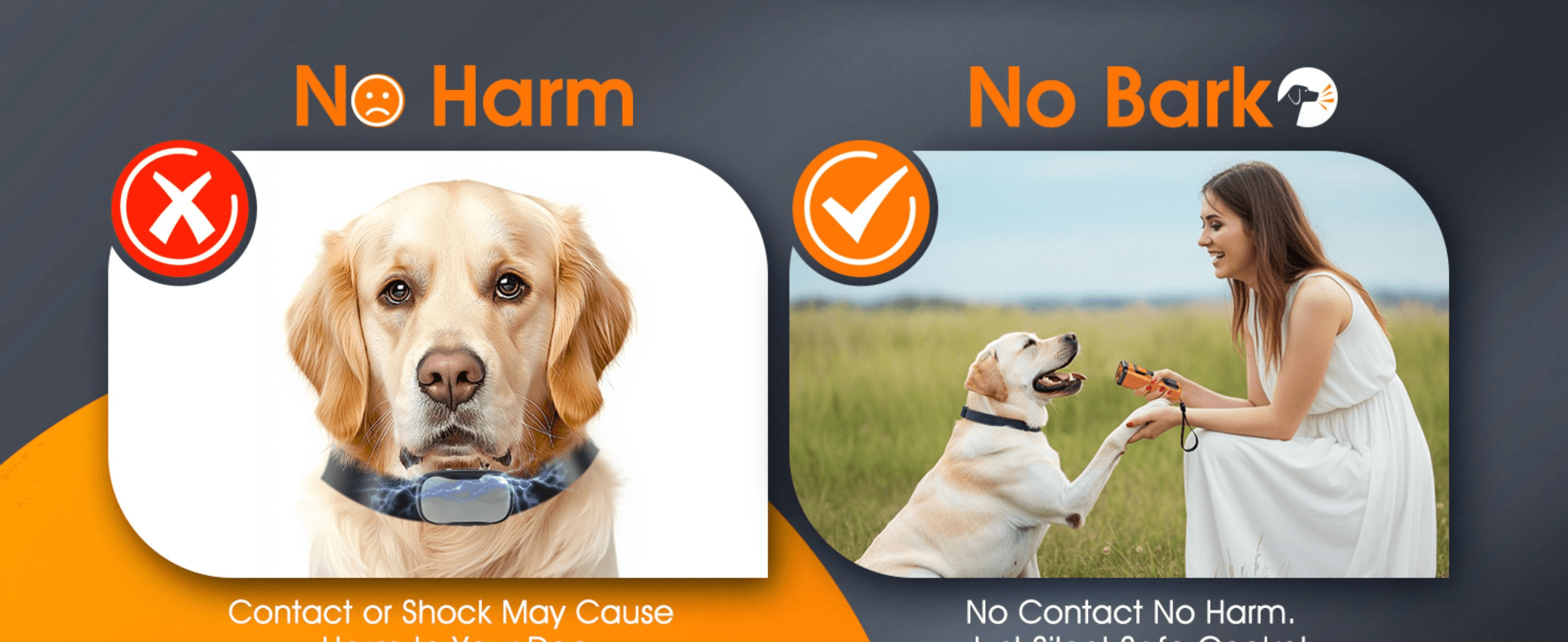 Contrasts harmful shock-collar methods with this device's harmless ultrasonic approach to reassure buyers it is safe. Reassures shoppers the product trains dogs without physical contact or harm.