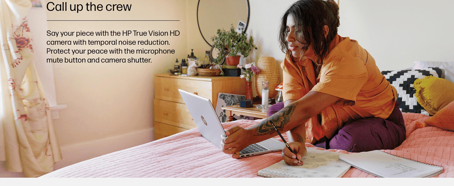Highlights the HP True Vision HD camera and mute/shutter controls to reassure shoppers about clear video calls and privacy.