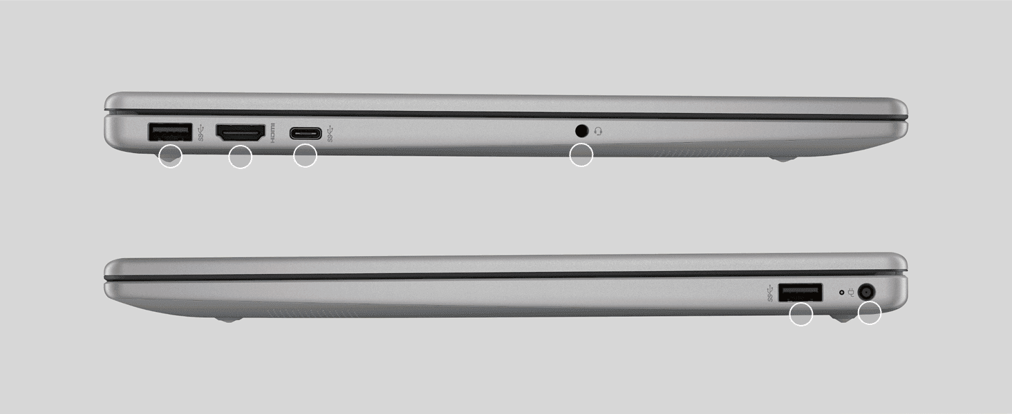 Points to the physical location of ports and connectors on both sides of the laptop so shoppers know what's included. Points to the physical location of ports and connectors on both sides of the…