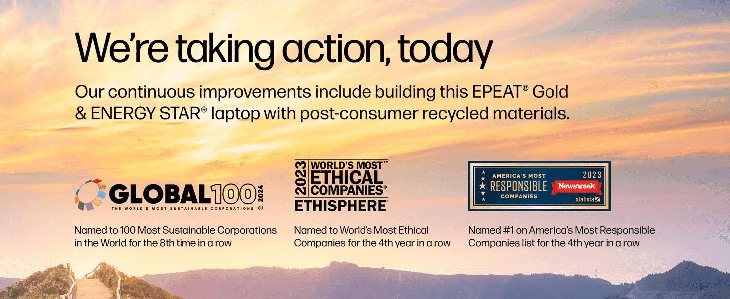 Reassures shoppers the laptop is built with recycled materials and meets EPEAT Gold and ENERGY STAR sustainability standards. Reassures shoppers the laptop is built with recycled materials and meets…