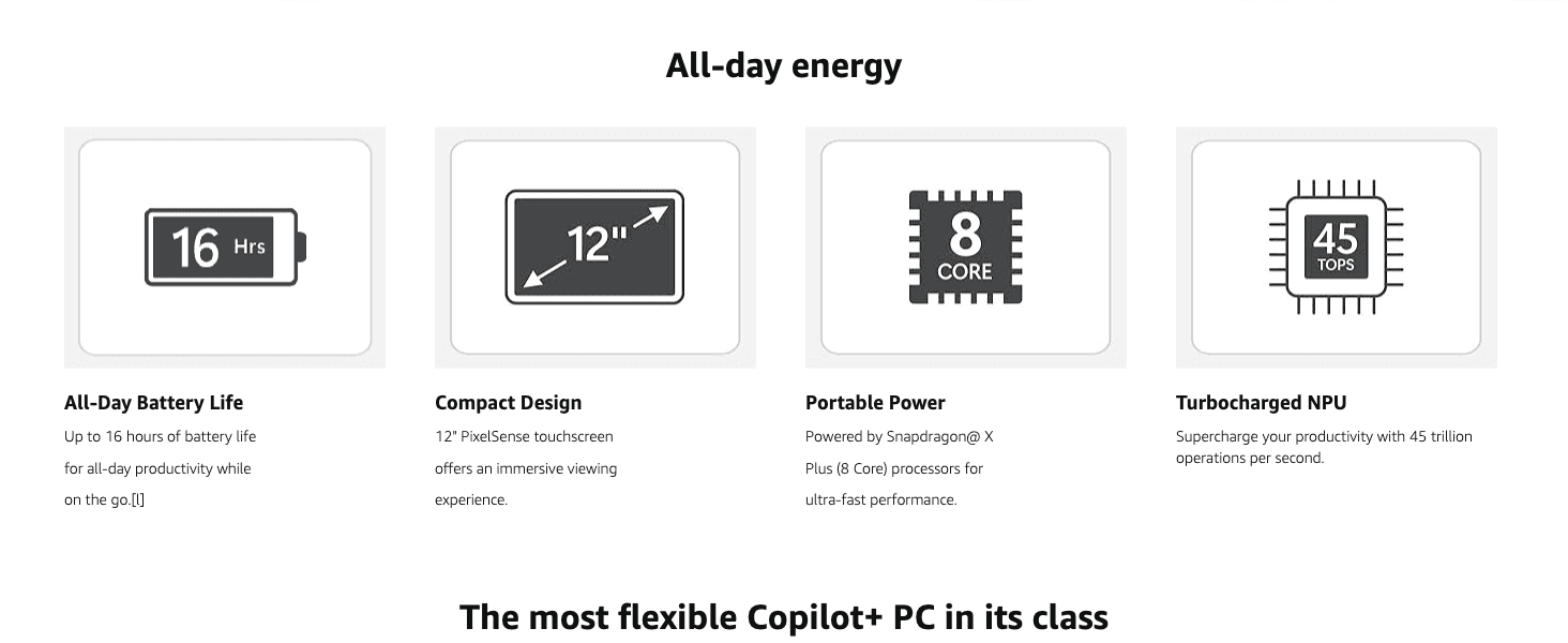 Highlights four core performance specs in a segmented icon grid to convey all-day productivity and power.
