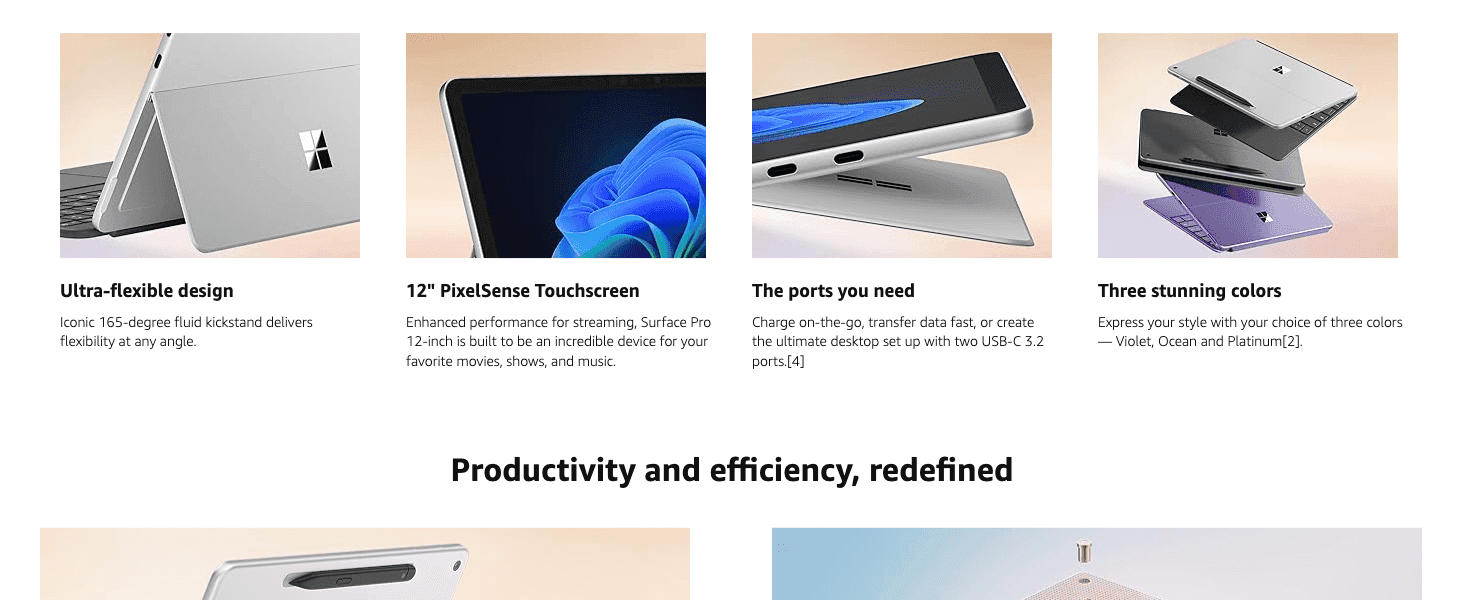 Showcases four distinct product features side by side to demonstrate the device's flexibility and design options.