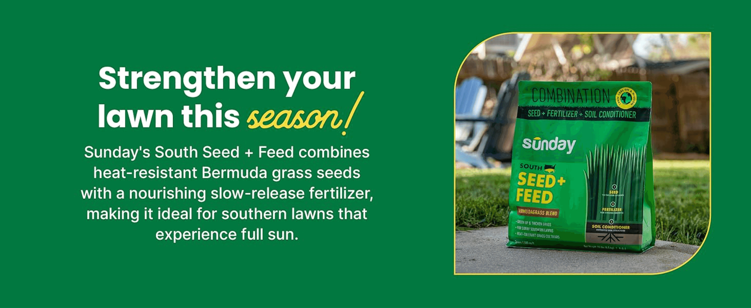 Introduces the product's core benefit of strengthening southern lawns with heat-resistant seed and slow-release fertilizer.