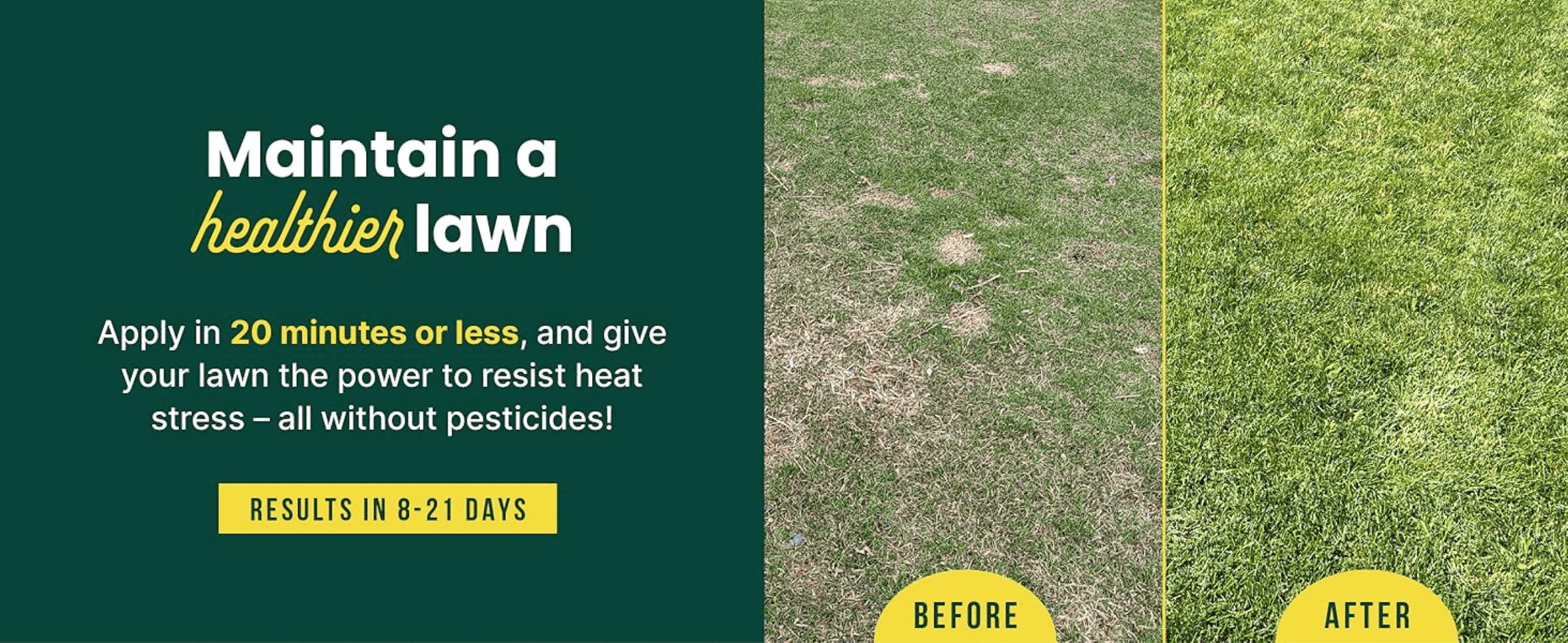Proves the product's effectiveness by showing a real lawn transforming from patchy and brown to thick and green within 8-21 days. Reassures shoppers the product is quick to apply and free of…