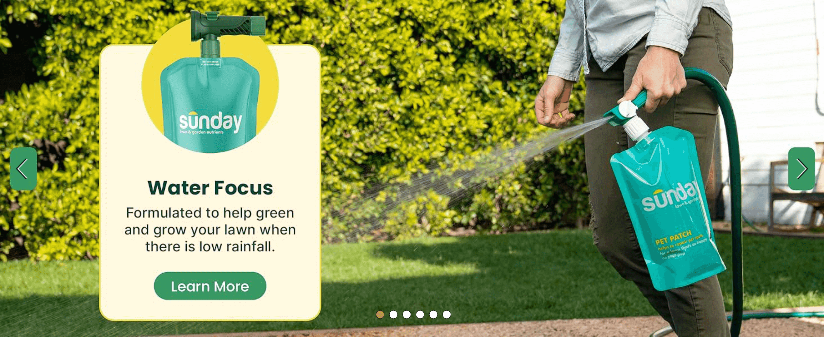 Positions the product as the solution for keeping a lawn green during low rainfall, shown through a real usage scene.