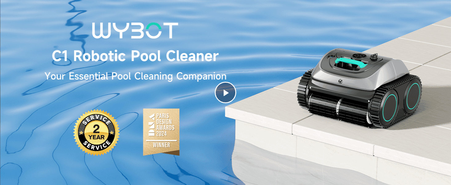 Introduces the WYBOT C1 Robotic Pool Cleaner brand and product name with a hero lifestyle shot to build brand recognition. Builds credibility by showing third-party recognition from the Paris Design…