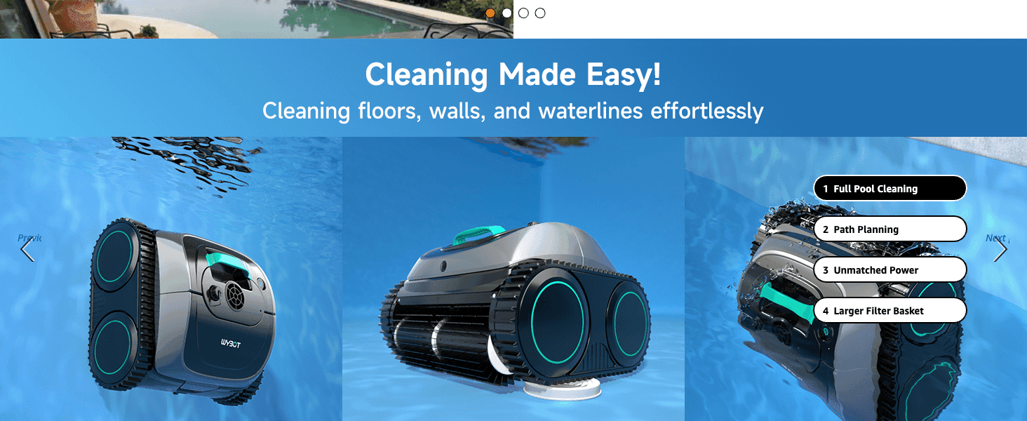 Highlights four distinct cleaning-performance benefits (full coverage, path planning, power, filter size) in one segmented layout.