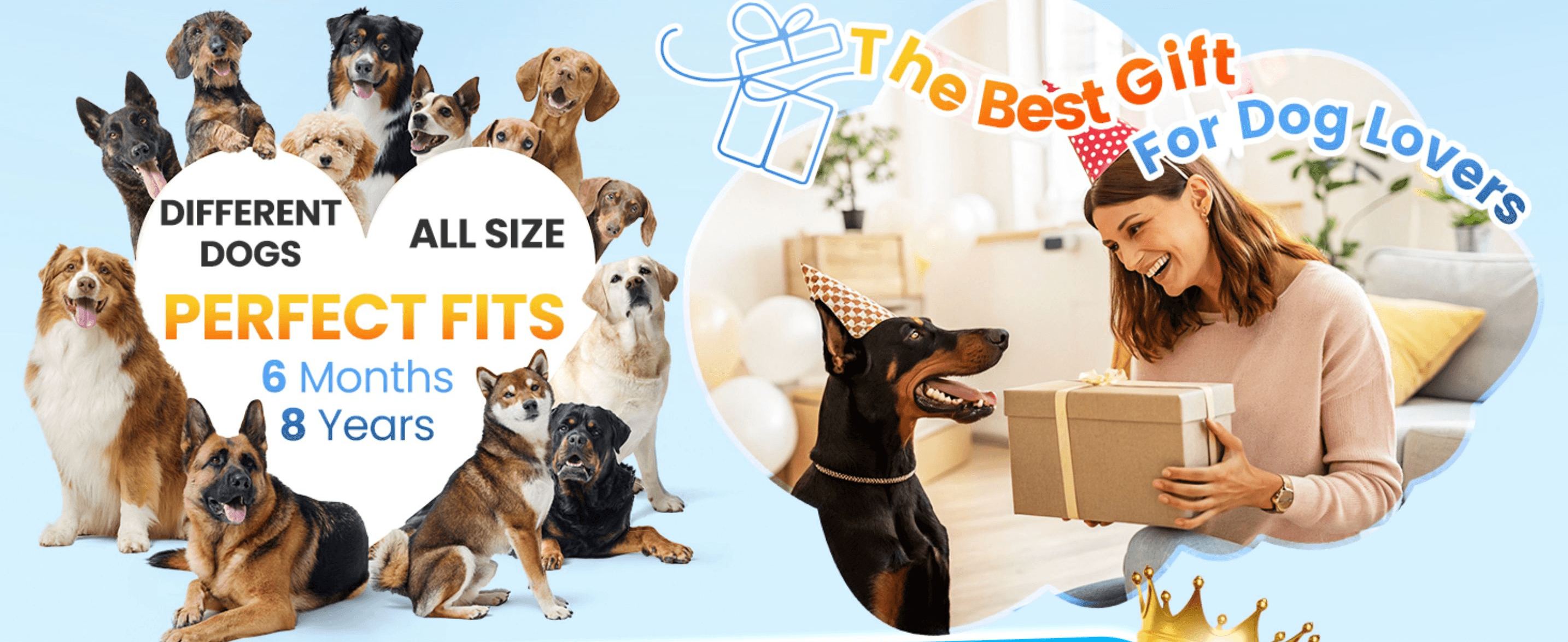Frames the product as a thoughtful gift for dog owners to prompt a purchase for someone else. Reassures shoppers the device works for dogs of any size or age, from 6 months to 8 years.