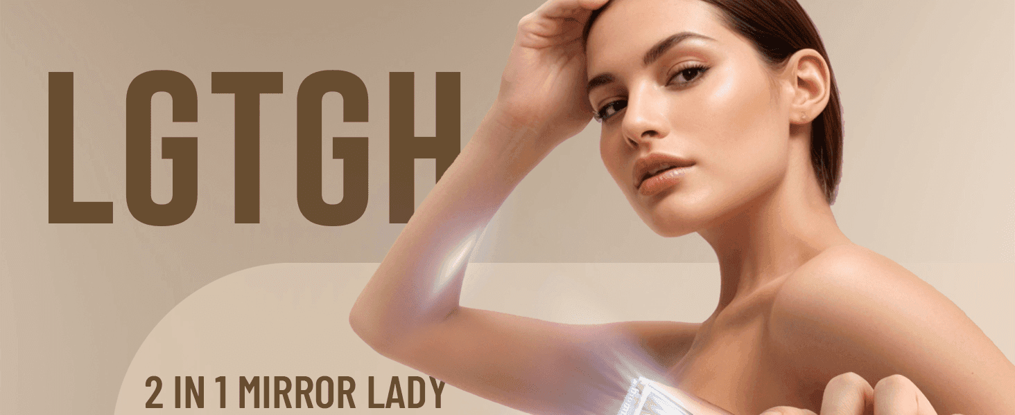 Introduces the LGTGH brand name prominently to build recognition alongside a premium lifestyle image. Signals the product combines two functions (mirror + trimmer) in one device.