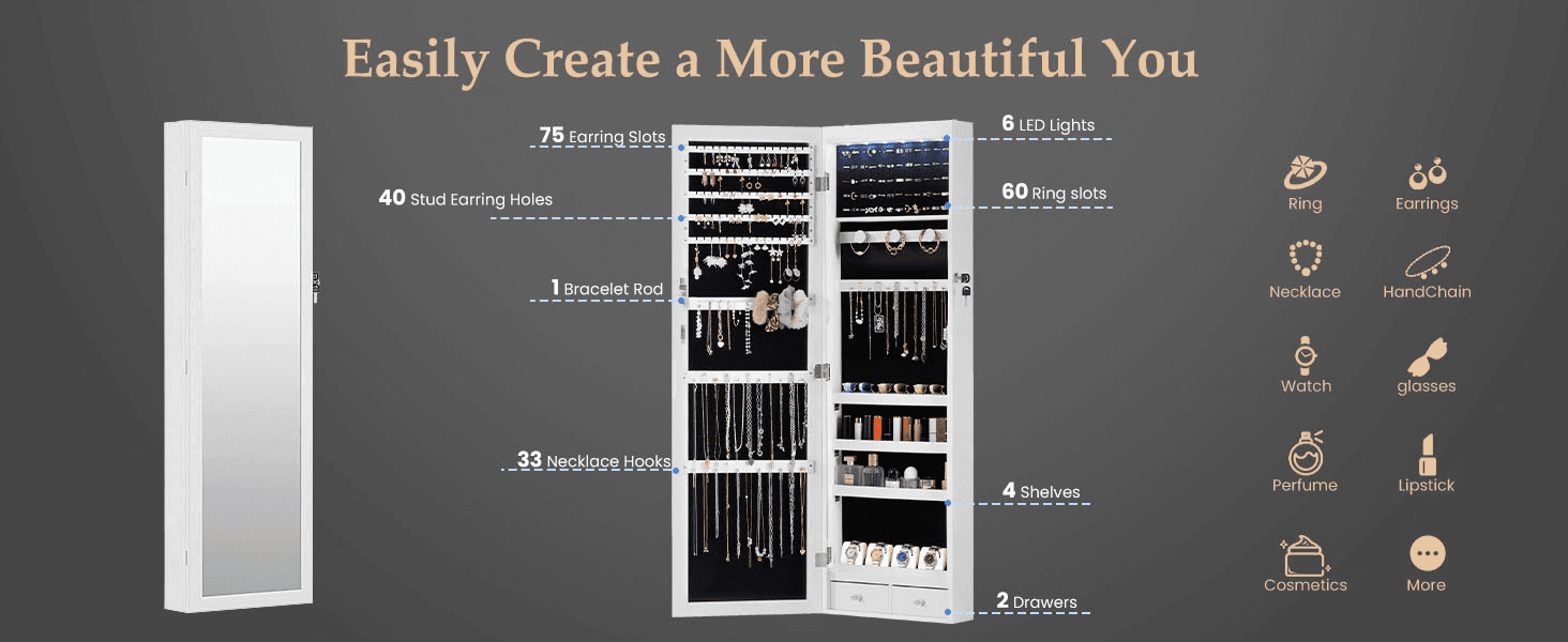Breaks down the cabinet's interior compartments with labeled counts so shoppers understand exactly how much storage they get.