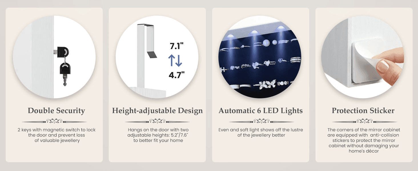 Highlights four distinct design and safety benefits in a segmented grid to reassure shoppers about durability and ease of use.