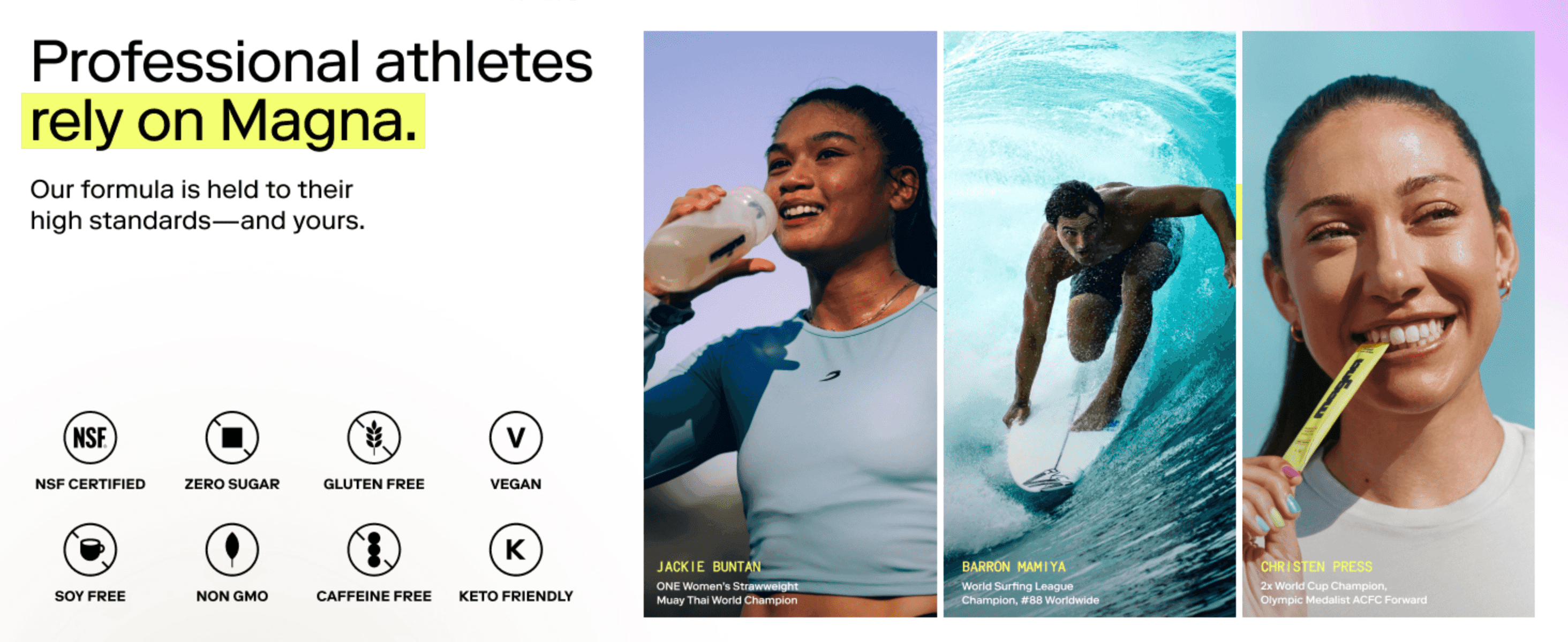 Builds credibility through professional athlete association and reassures shoppers with a full set of dietary and quality certifications.