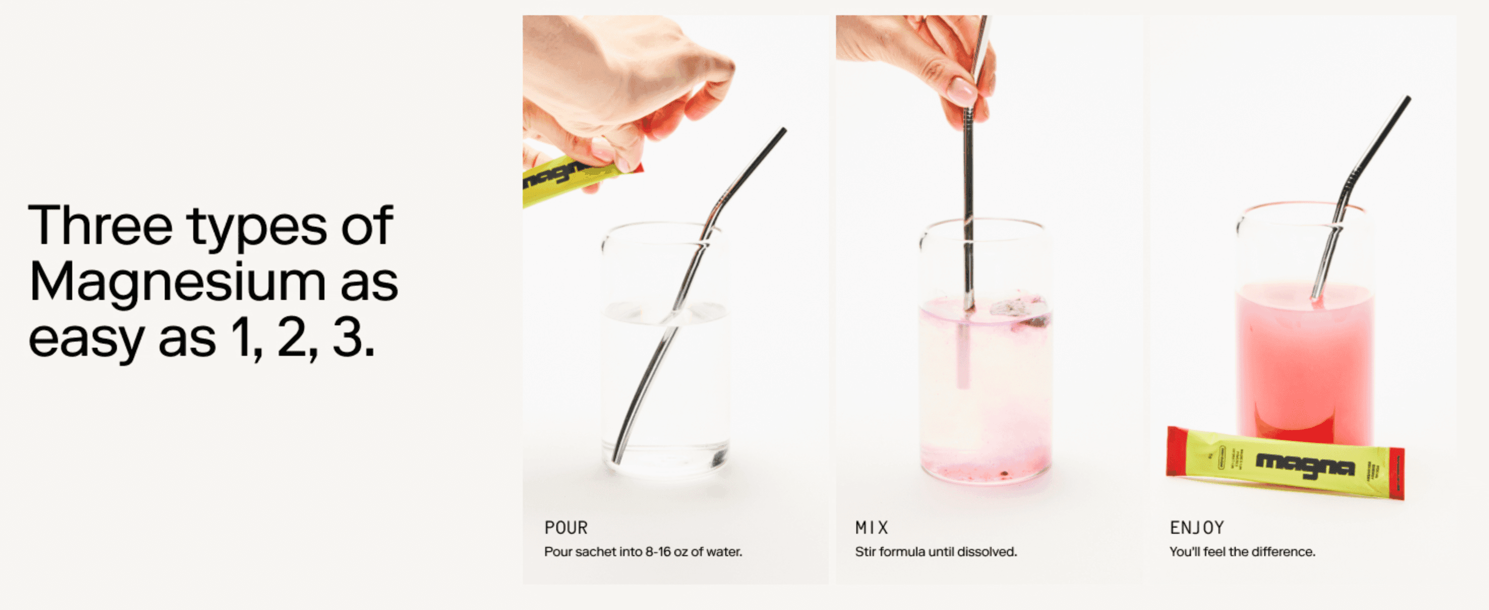 Shows shoppers exactly how simple it is to prepare the drink mix in three easy steps, removing any doubt about ease of use.