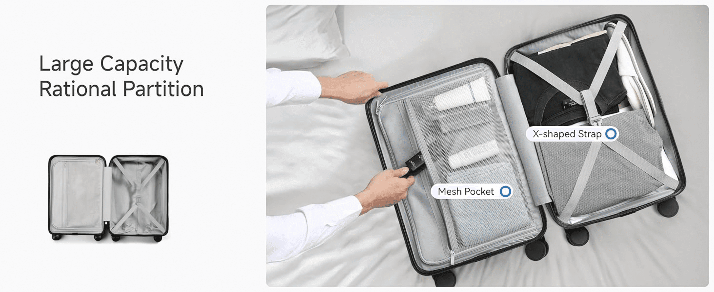 Highlights the suitcase's interior organization features to reassure shoppers packing will be easy and space-efficient.