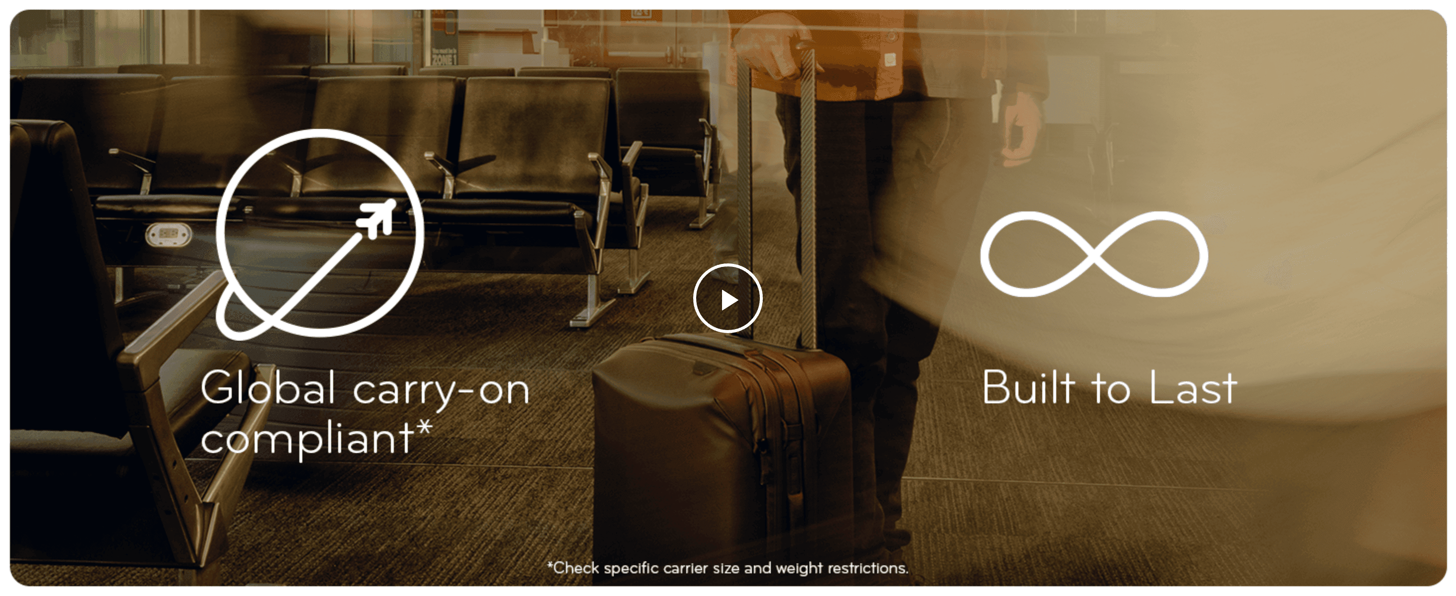 Reassures shoppers the suitcase meets global carry-on size rules and is built to last, using icon callouts over a travel lifestyle scene.