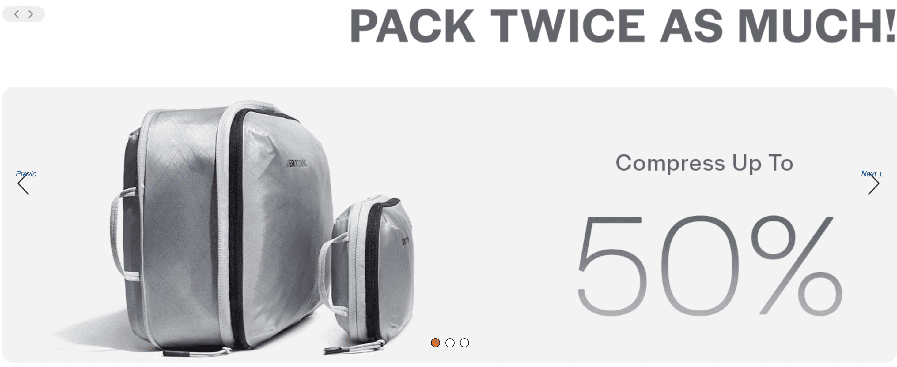 Highlights a bold compression percentage to convince shoppers the packing cube saves significant luggage space. Reinforces the single core benefit of the product compressing clothing down to fit…