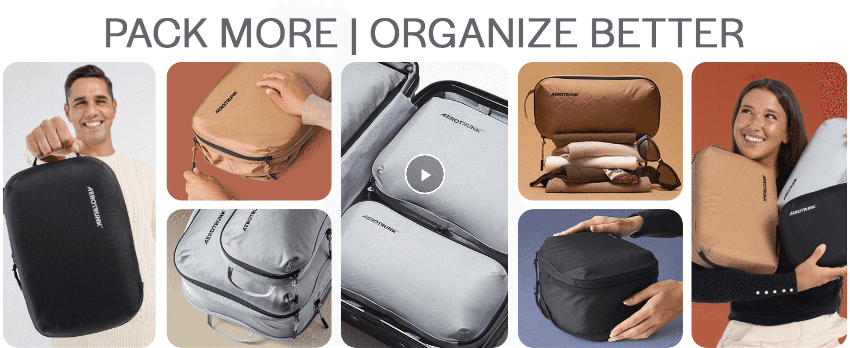 Shows the product being packed, organized, and carried across several different scenarios to demonstrate its versatility.
