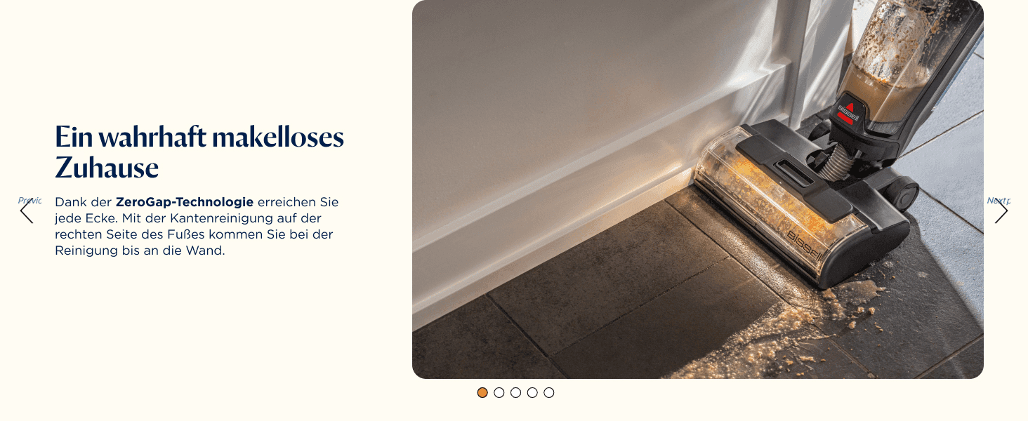 Explains that ZeroGap technology lets the vacuum reach every corner and clean right up to the wall along edges.