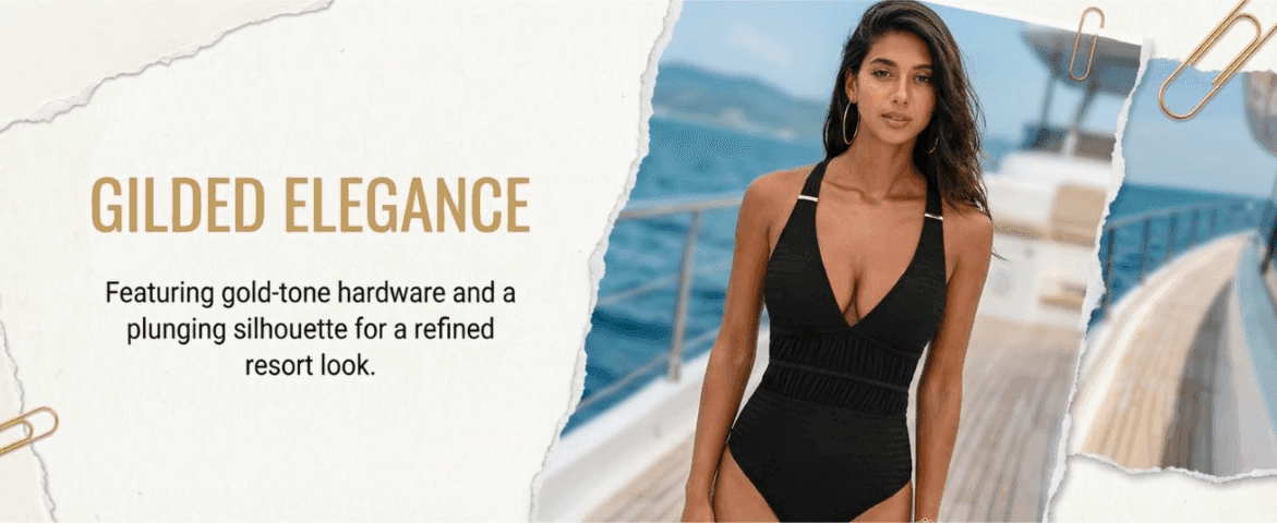 Highlights gold-tone hardware and a plunging silhouette to position the swimsuit as a refined resort look.