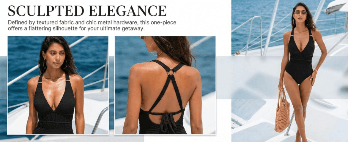 Highlights textured fabric and chic metal hardware details that create a flattering silhouette across multiple angles.