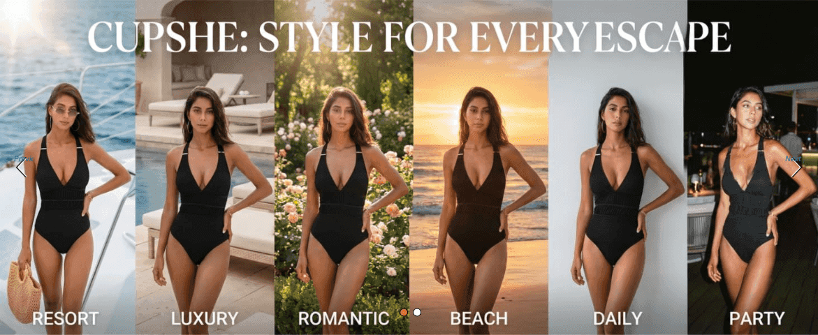 Shows the same swimsuit styled across six different occasions to demonstrate the product's versatility for many settings. Leads with the brand name and tagline to frame the occasion carousel as a…