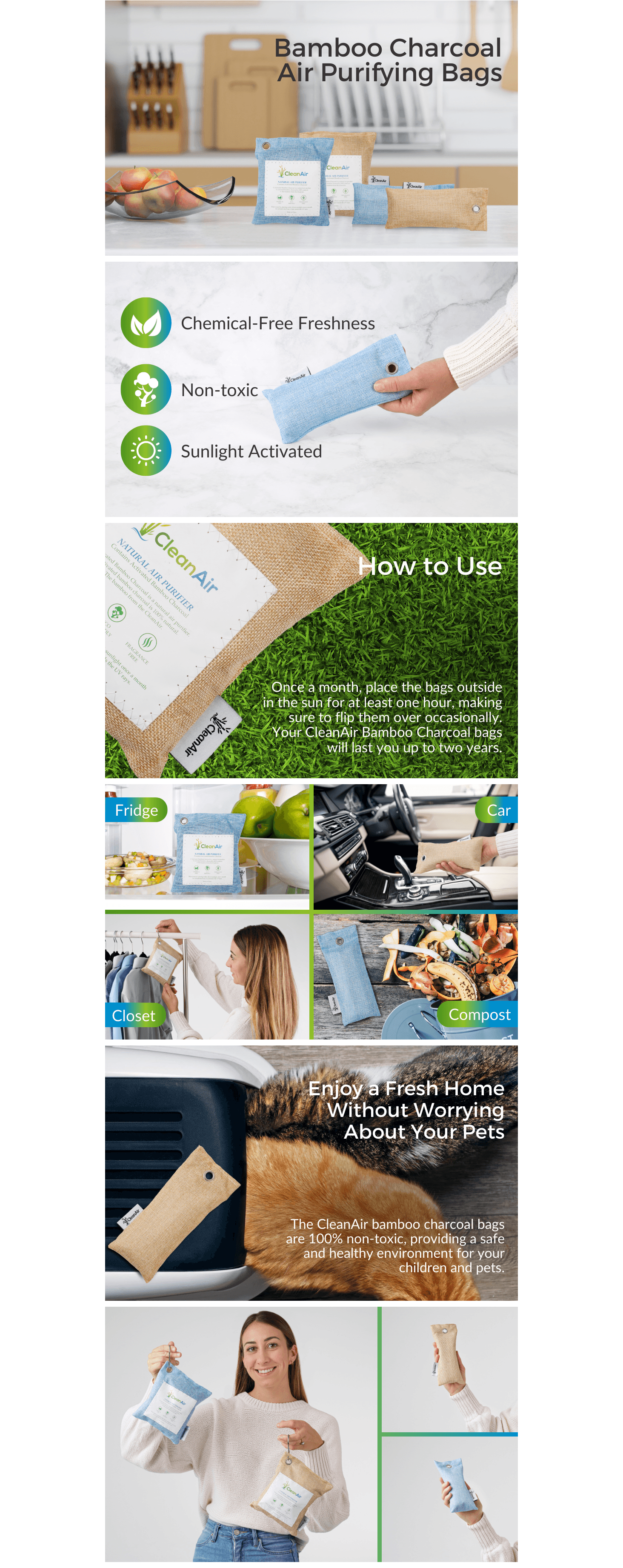 Educates shoppers on how to activate and use the bamboo charcoal air purifying bags, showing placement instructions and multiple application environments to ensure proper product usage. Demonstrates…
