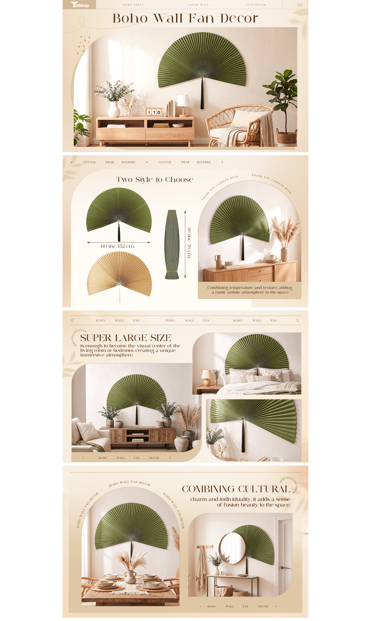 Basic A+ Content for Yalikop 60" Boho Wall Fan Decor Oversized Paper Fan Asian Wall Art