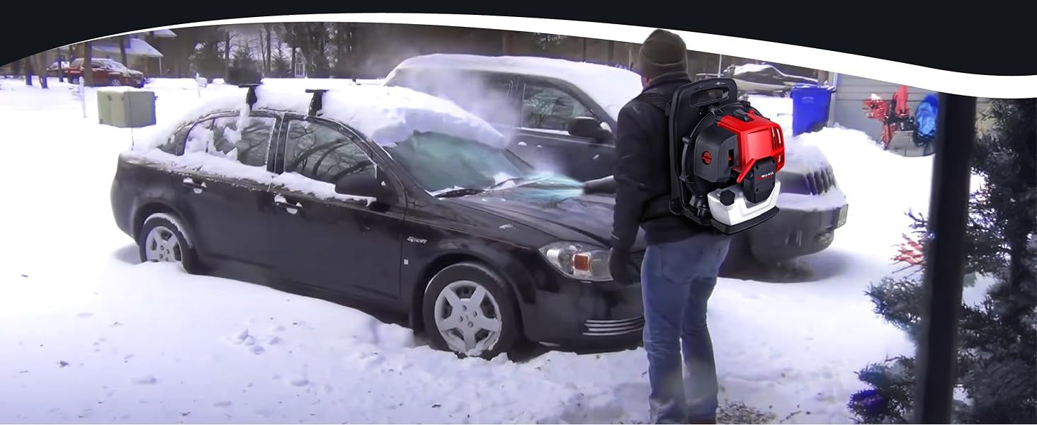 Demonstrates the product's versatility for winter applications, specifically clearing snow from vehicles in cold weather conditions.