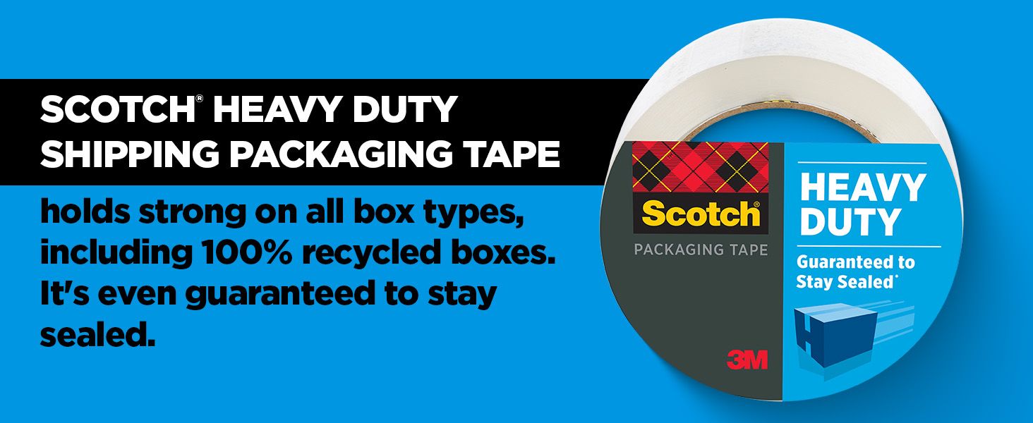 Communicates the tape's core benefit of holding strong on all box types, including recycled boxes, with a guarantee to stay sealed, reassuring shoppers of reliable performance.